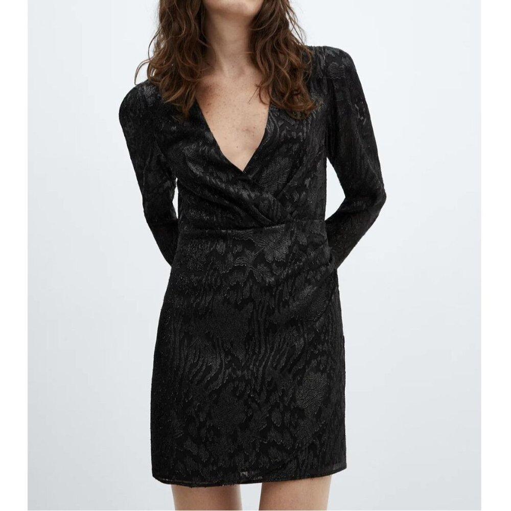 Mango Lurex Jacquard Mini Dress Crossover V Neck Party Holiday Black Size 4 NWT